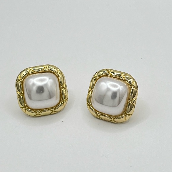 Hand Crafted Jewelry - Gold Tone Faux Pearl Square Stud Earrings